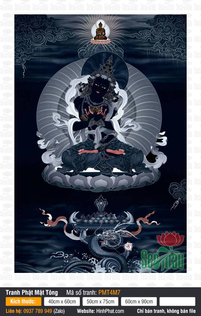 Đức Phật Kim Cương Trì PMT4M7 Tranh Đức Phật Kim Cương Trì PMT4M7 tông màu thangka đen có hình rồng cuộn