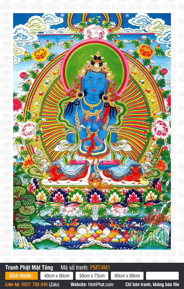 Vajradhara PMT4M1 Tranh Vajradhara PMT4M1 khắc họa Đức Kim Cương Trì thân xanh tỏa hào quang rực rỡ