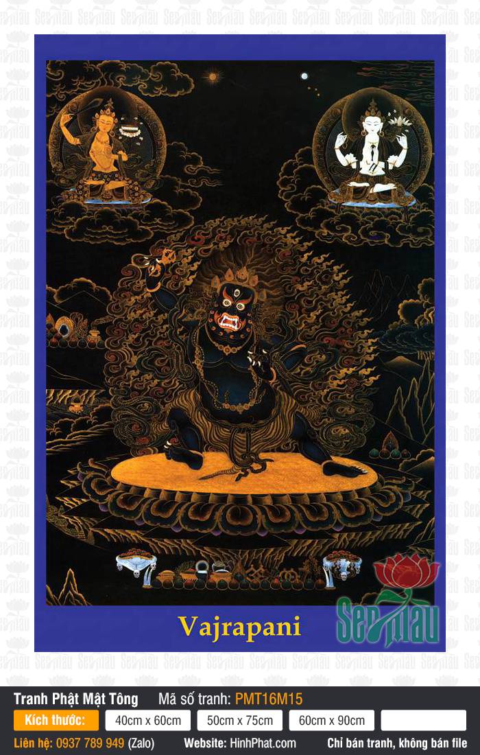 Kim Cương Thủ Bồ tát Vajrapani PMT16M15 Kim Cương Thủ Bồ tát Vajrapani PMT16M15 thân sắc đen phẫn nộ vẽ nét chỉ vàng thangka