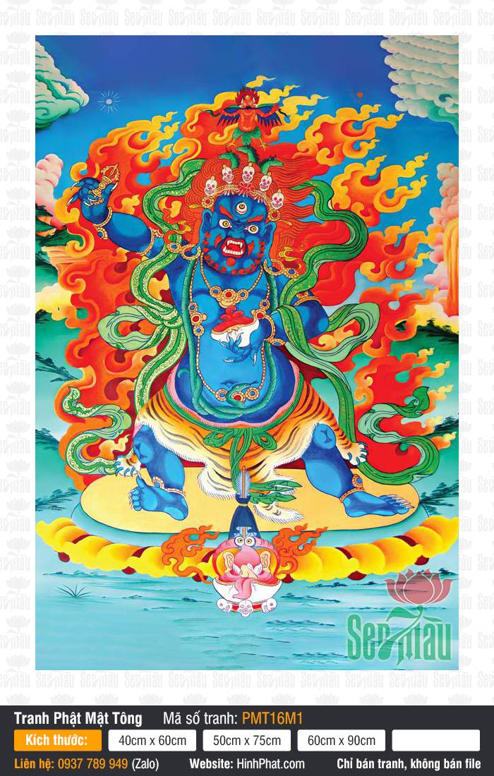 Vajrapani PMT16M1 Bức họa Vajrapani PMT16M1 sắc xanh phẫn nộ dẫm chân lên đài sen giữa vòng lửa
