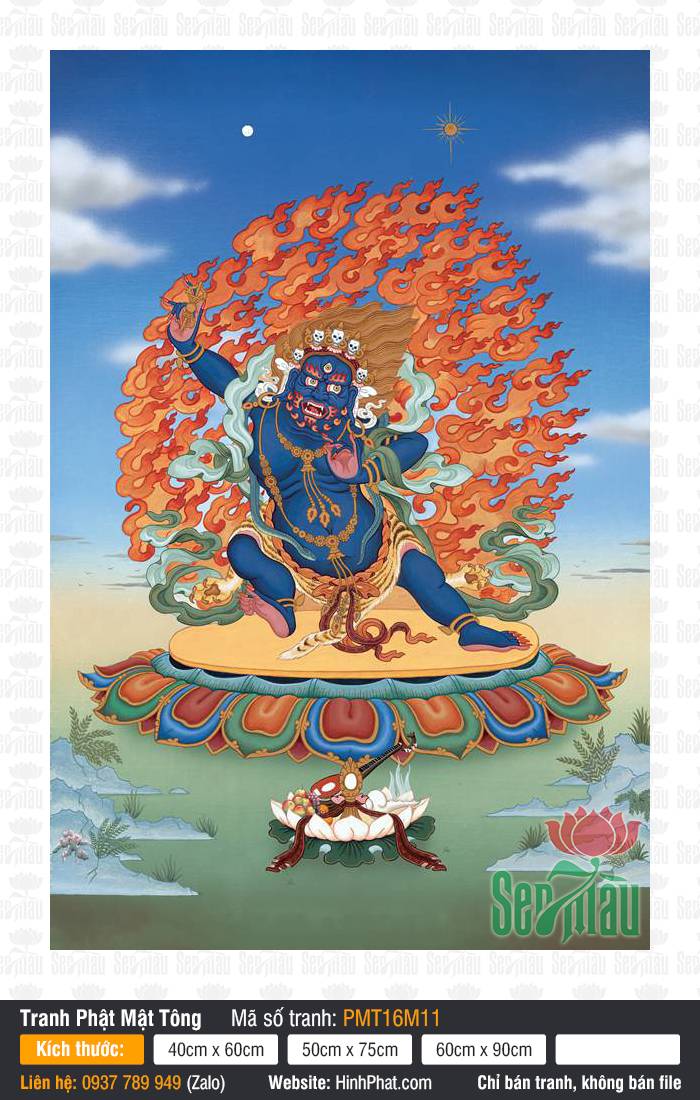 Vajrapani PMT16M11 Vajrapani PMT16M11 sắc xanh phẫn nộ tay cầm chày kim cương giữa hào quang ngọn lửa