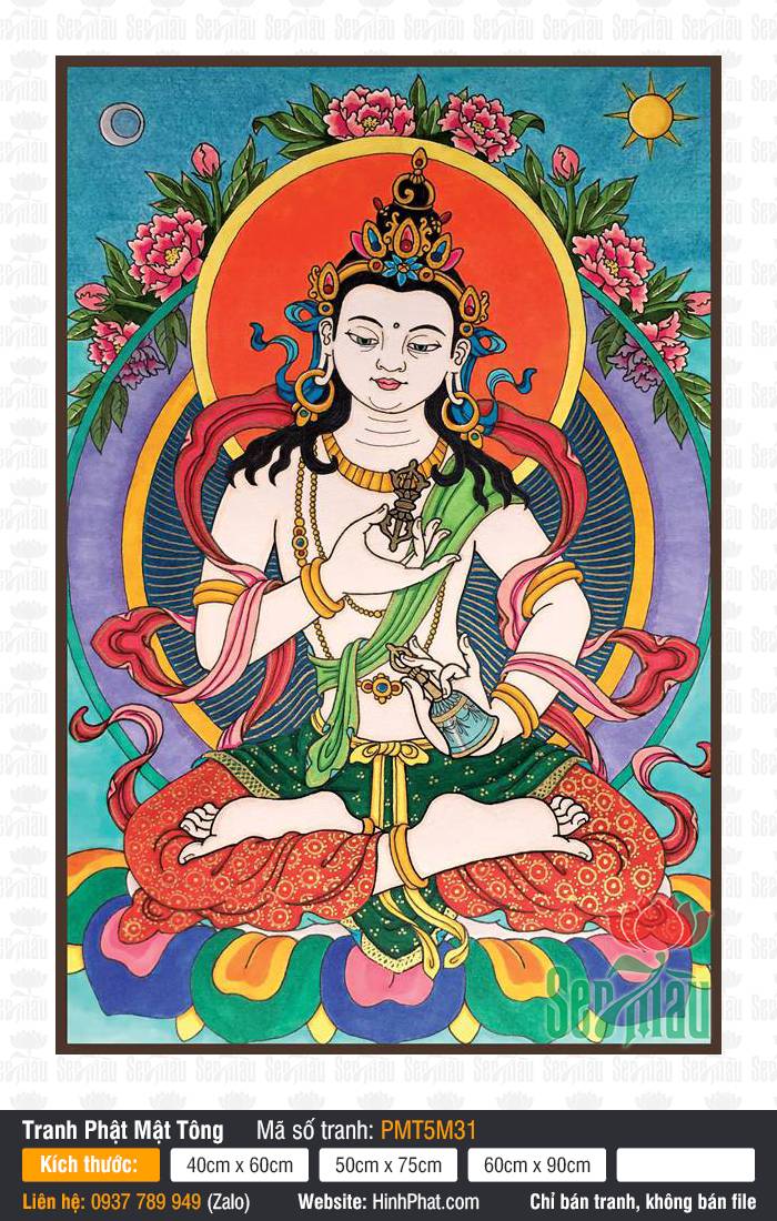 Vajrasattva PMT5M31 Bức họa Vajrasattva PMT5M31 diện mạo từ bi ngự tòa sen nền hào quang đỏ