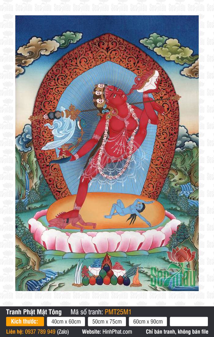 Vajrayogini PMT25M1 Vajrayogini PMT25M1 sắc đỏ rực rỡ đứng vũ điệu trên tòa sen trong Tranh Phật Mật Tông